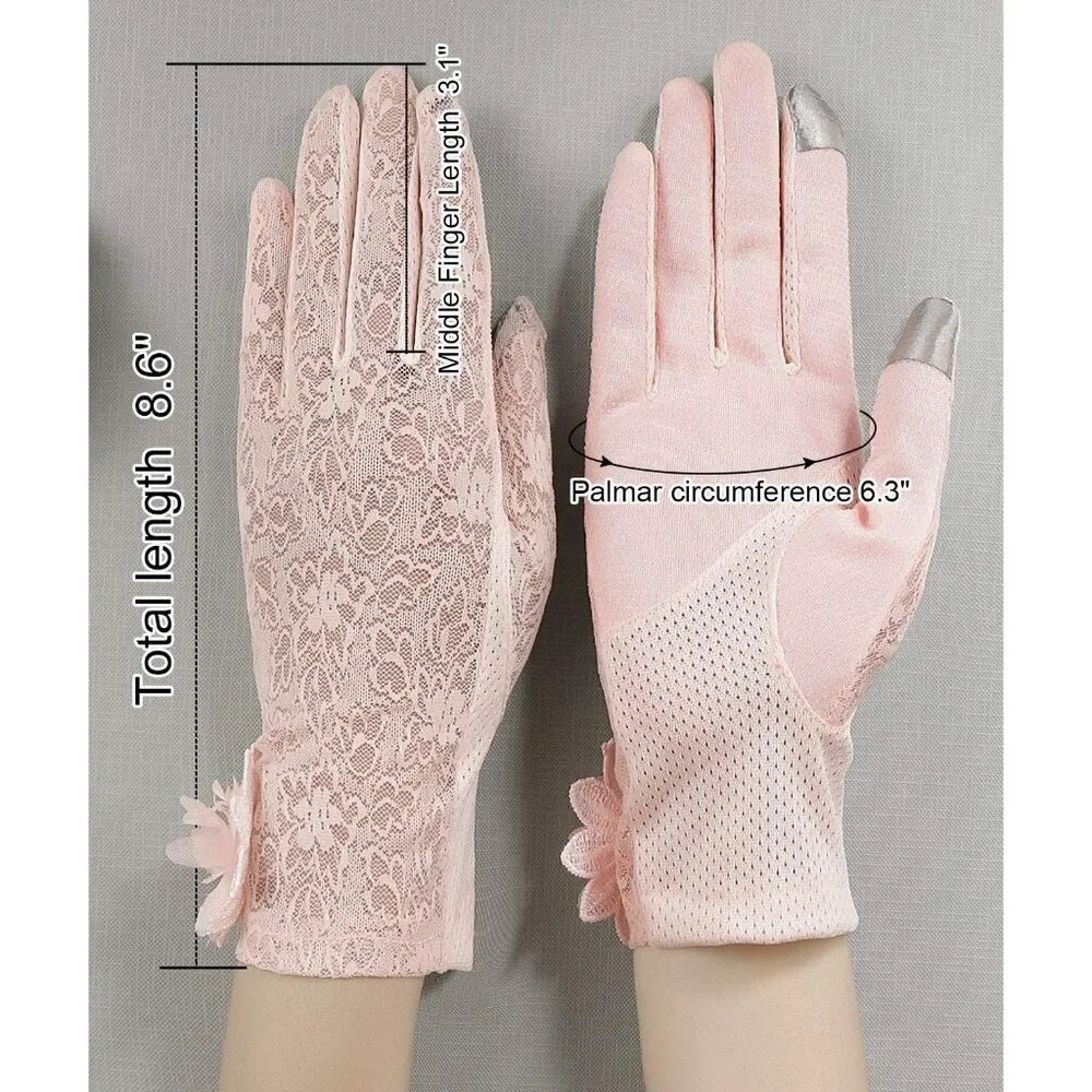 Women's Flower Pink Floral Embroider Lace Gloves Summer Sun Protection